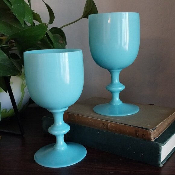 Pair Portieux Vallerysthal Turquoise Blue Opaline Water Goblets - Picture 1 of 11